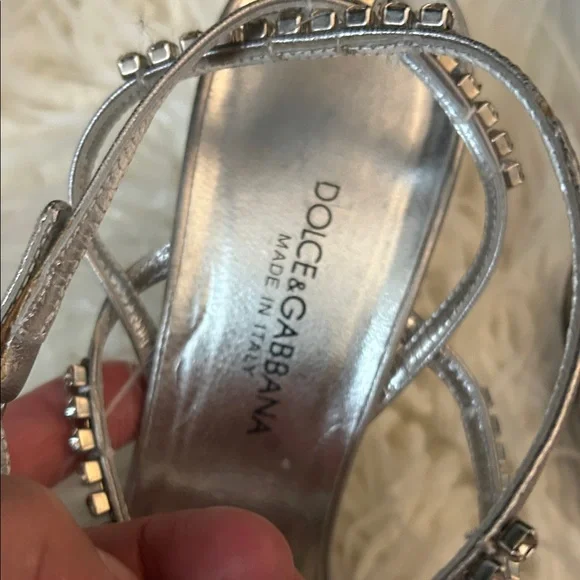 Dolce & Gabbana Silver Jeweled T-Strap Sandals with Green and Red Crystals 8.5 - Picture 3 of 8